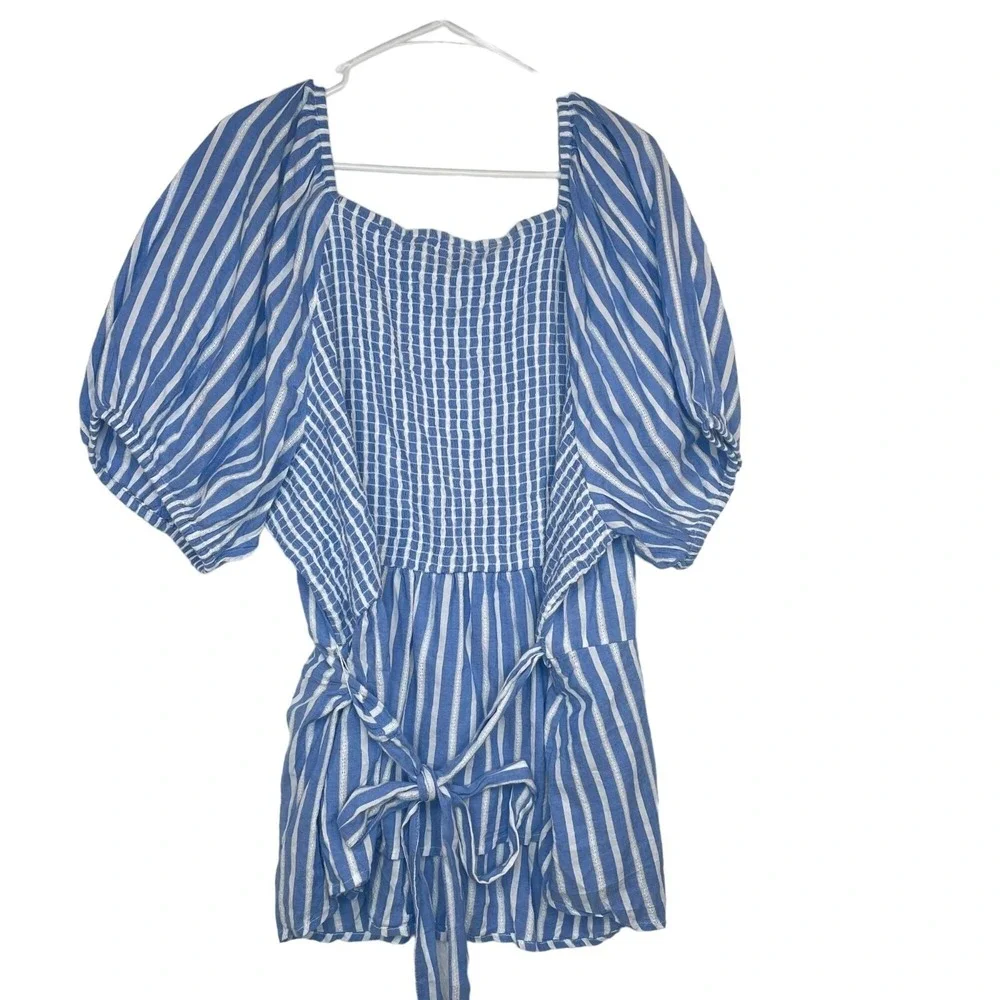 Old Navy Womens Blue White Striped Blouse Sz 4X Wrap Back Tie‎ Peasant Boho NWT
